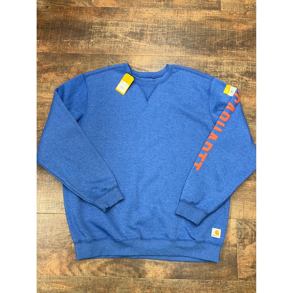 Carhartt Sweatshirt Mens XL Blue Sleeve Logo Midweight Loose Fit Crewneck NEW